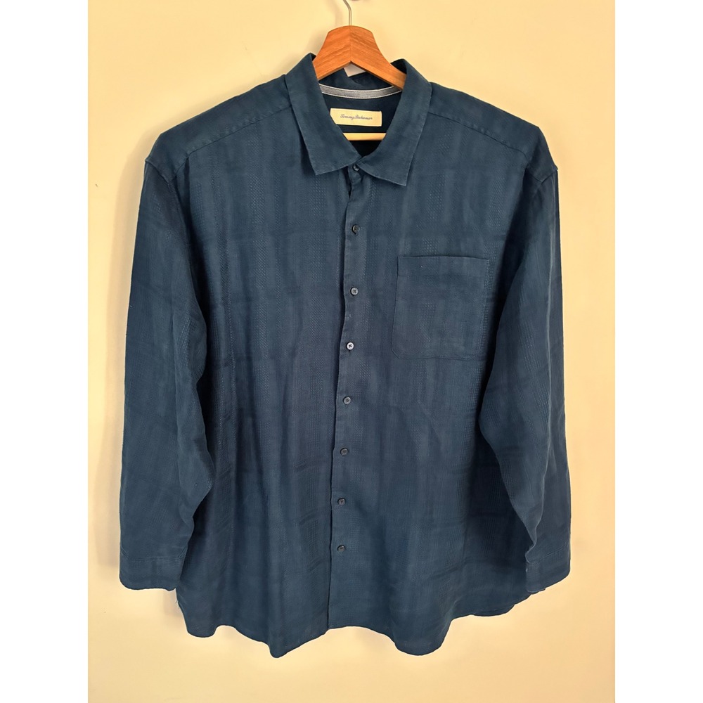 Tommy Bahama Mens 2XL Dark Teal Blue 100% Linen Long Sleeve Button Down Shirt